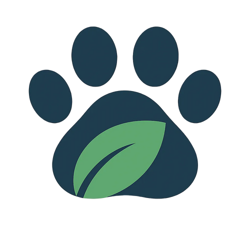 Blue paw print with a green leaf in the center on a white background